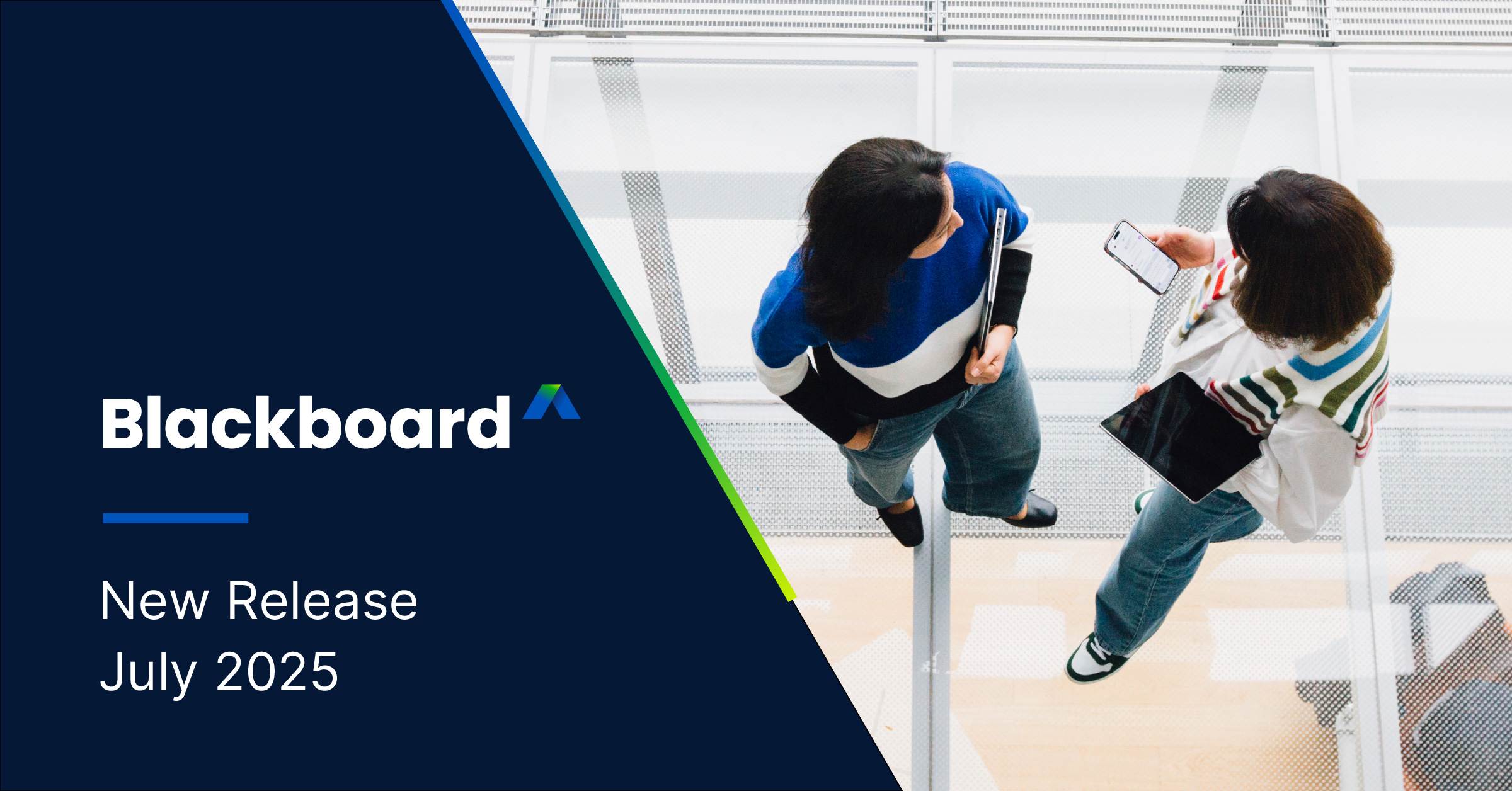 Photo of two people standing and talking next to the Blackboard logo and text, New Release July 2025