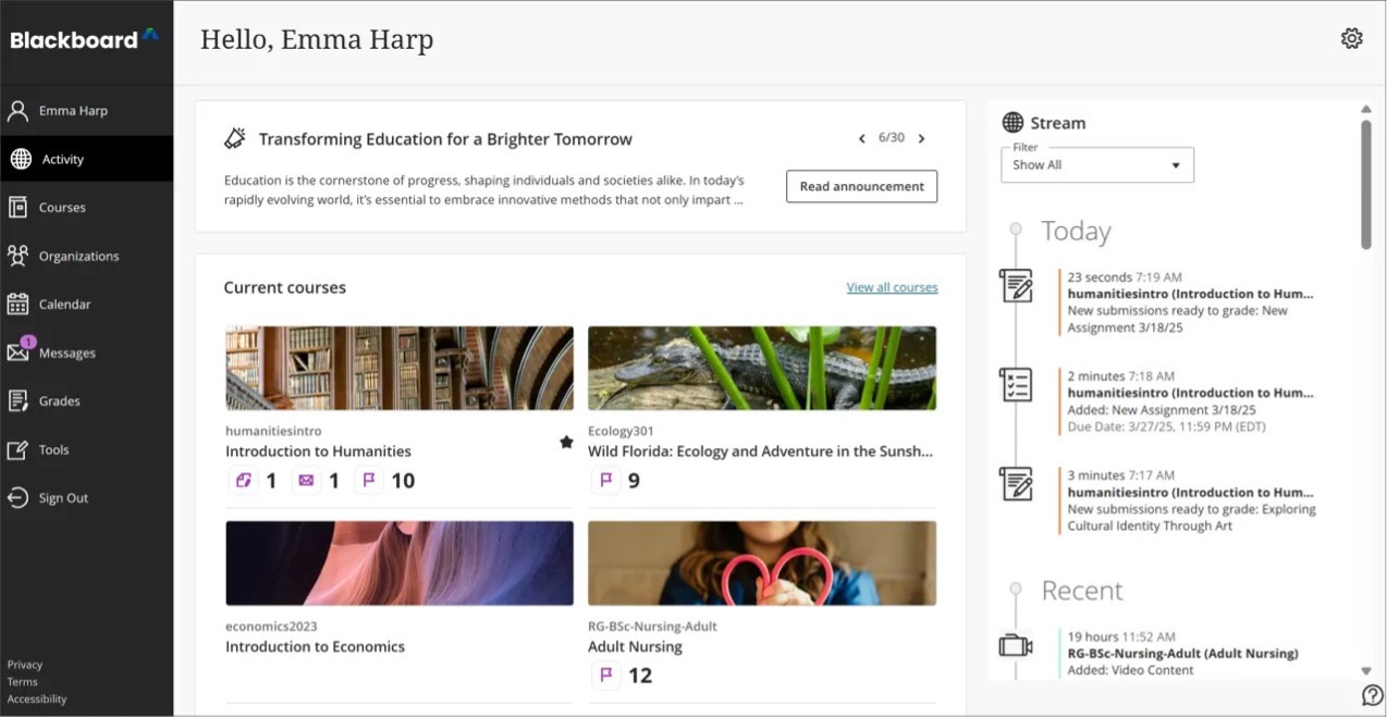 Image 1: The new Activity page has sections for announcements, courses, and the activity stream.