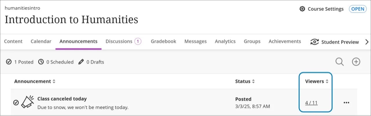 Image 1: Each announcement comes with a Viewers column on the Announcements page.