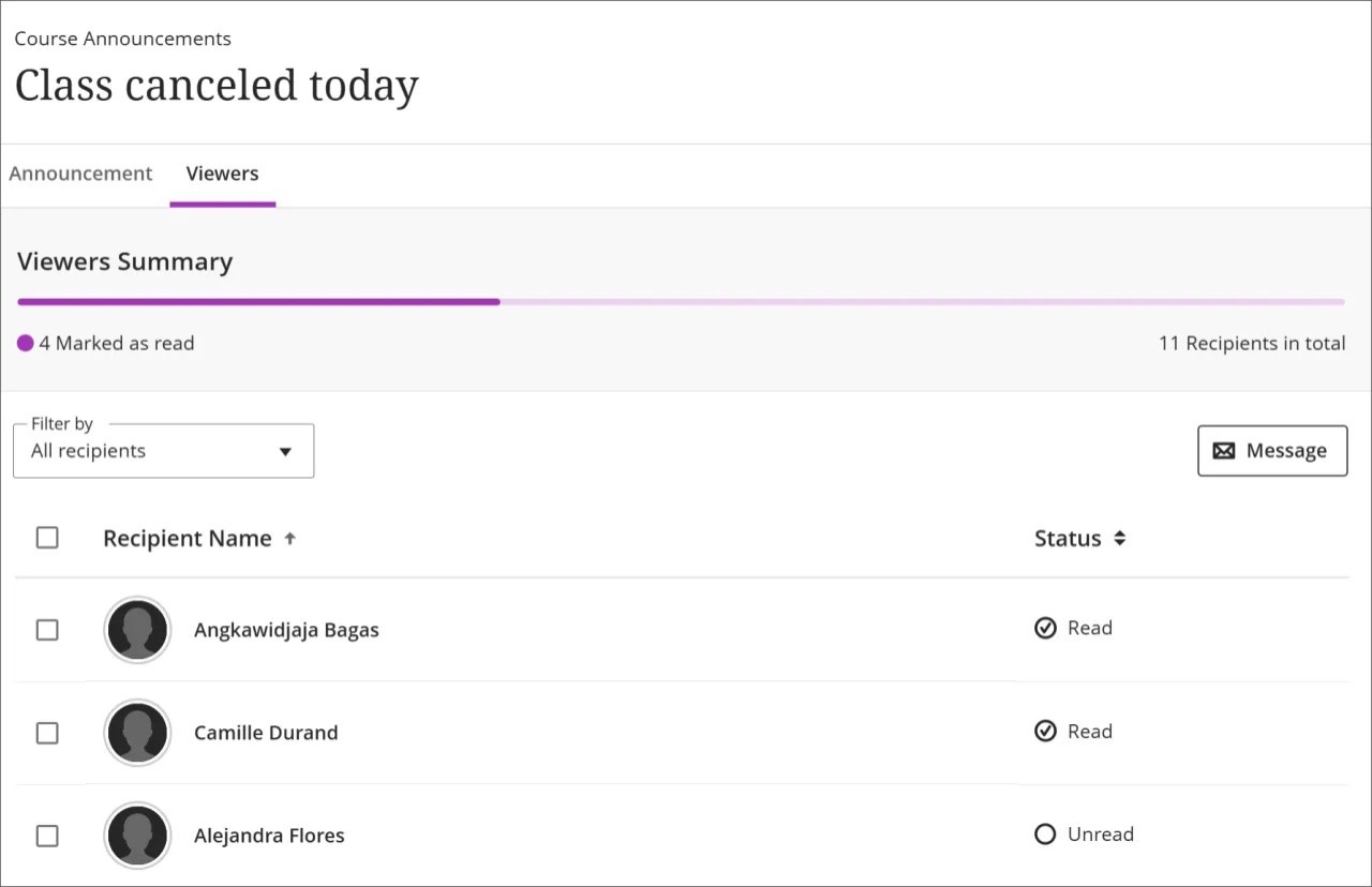 Image 2: The list of viewers for an announcement shows that two students have read the announcement, and one hasn’t.