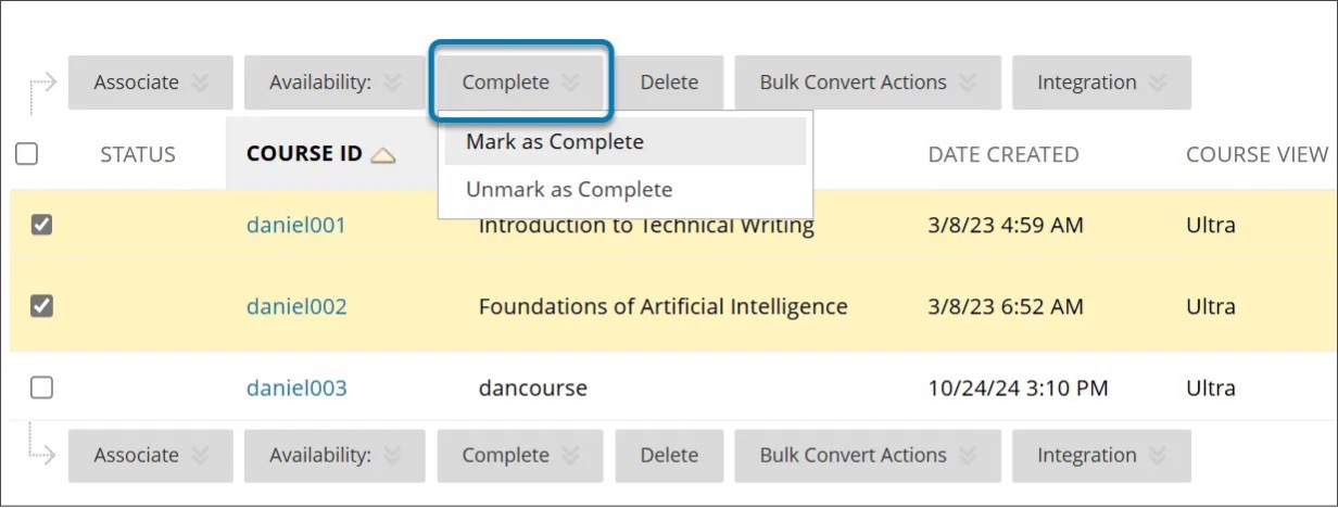 Image 1: Now administrators can mark courses complete or revert complete status in bulk within the Administrator Panel.