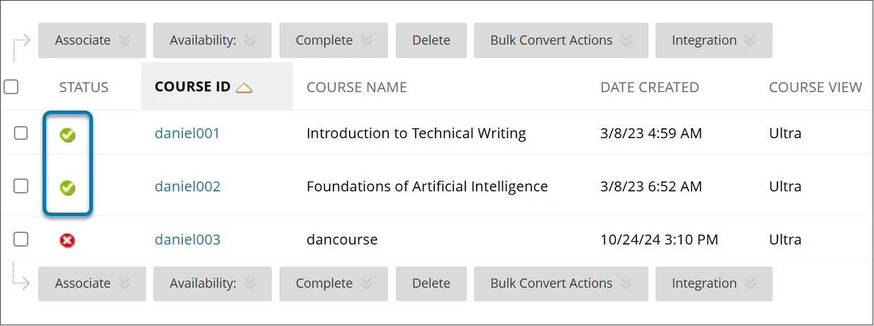 Image 2: When a course is marked as Complete, a green check icon appears next to the course listing for that course.