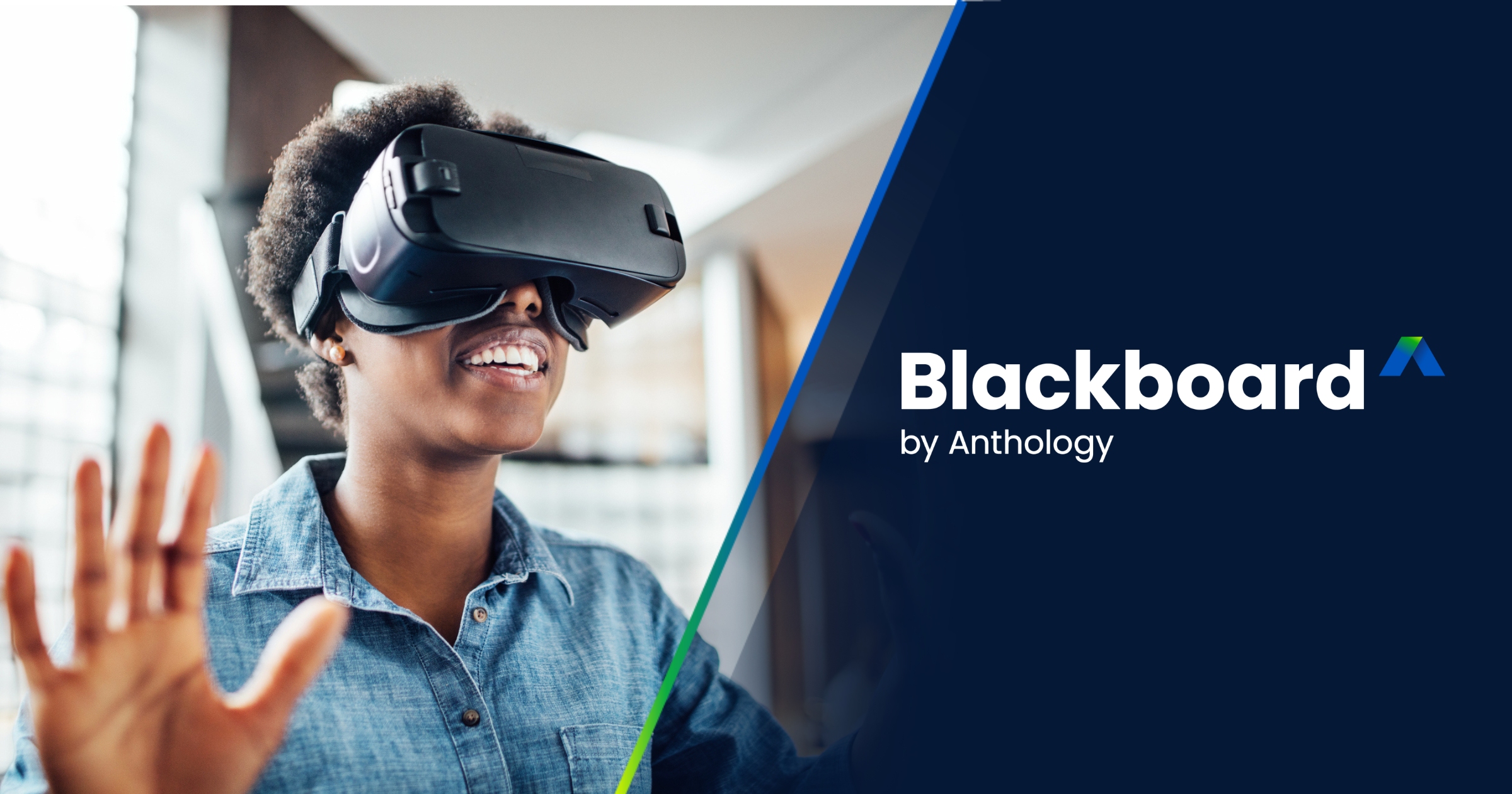 A person wearing a VR headset interacts with the virtual environment alongside the text "Blackboard by Anthology."
