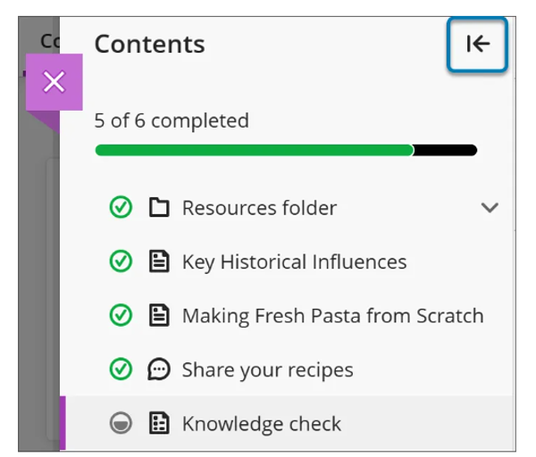 Image 1: Learning Modules now contain a Table of Contents panel to orient students within Learning Modules for their courses. The panel can be collapsed with the arrow button at the top of the Table of Contents. 