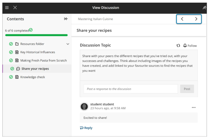 Image 2: The navigation buttons Previous and Next now appear closer to each other in the user interface within Learning Modules for an improved user experience.  