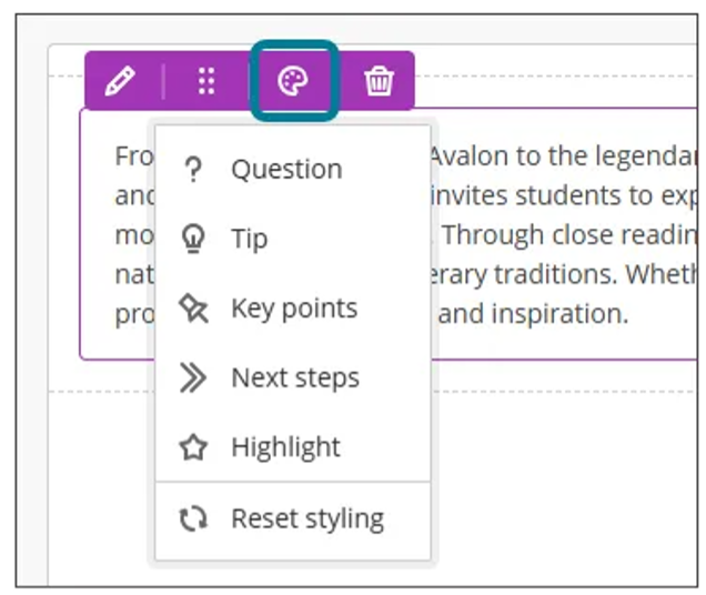 Image 1. Instructors can select styling options from a dropdown menu that appears in Edit mode on all block types. 