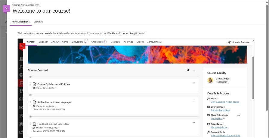 Image 1. The announcement screen where instructors can record or upload video and audio. 