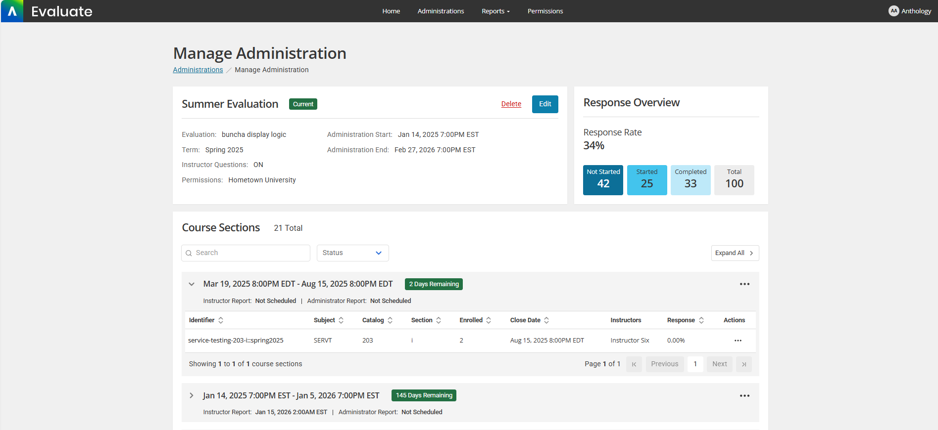 Screenshot of the New Administration Windows in Anthology Evaluate