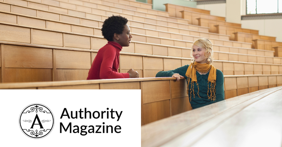 Two people conversing in an empty wooden lecture hall, with an Authority Magazine logo in the corner.