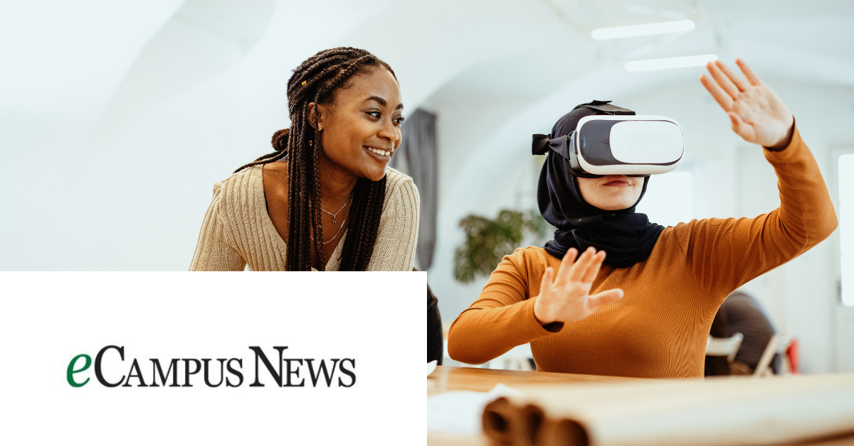 Two people; one wearing a VR headset and the other smiling. "eCAMPUS NEWS" logo is present.