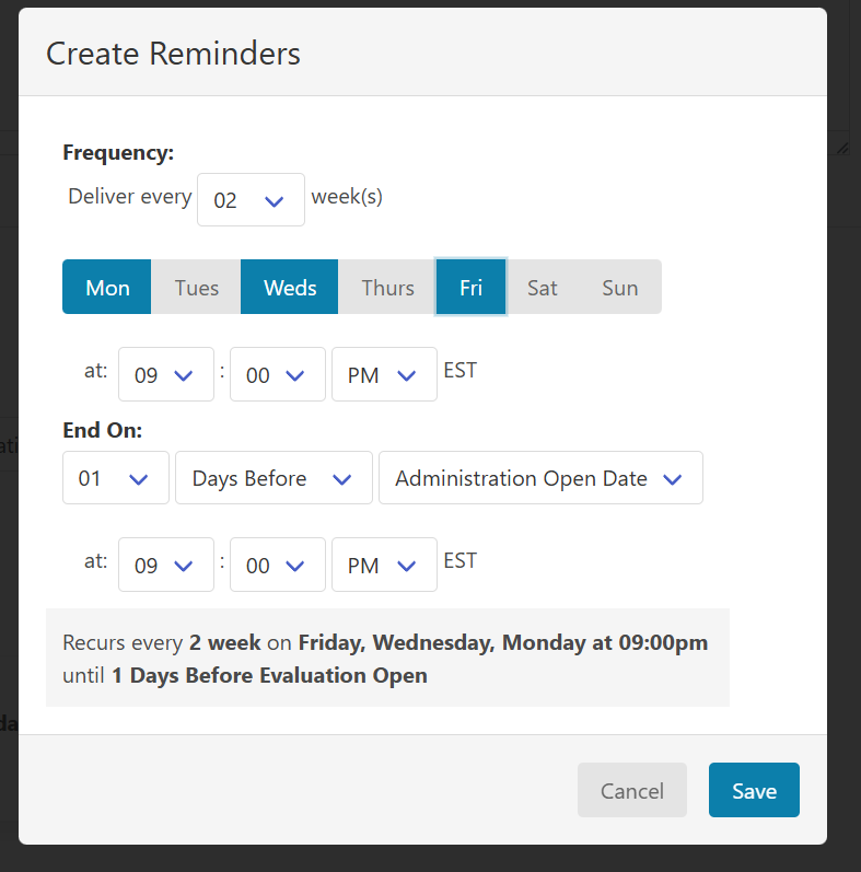 Screenshot of the Creating Reminders Option in Anthology Evaluate