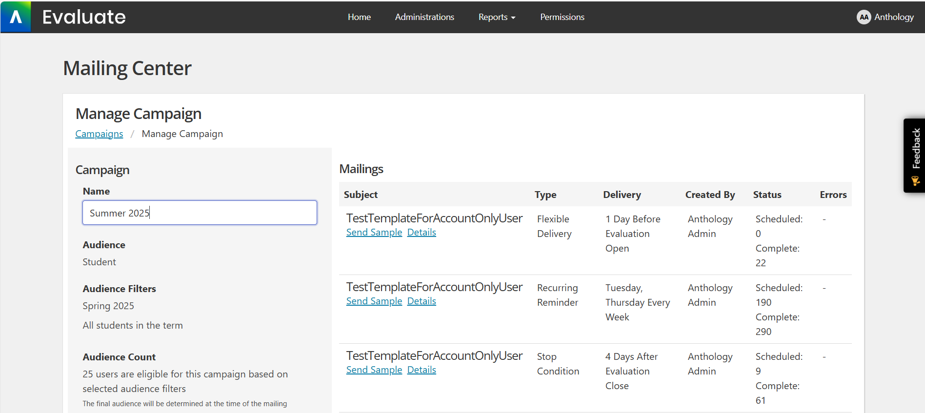 Screenshot of the Mailing Center Window in Anthology Evaluate