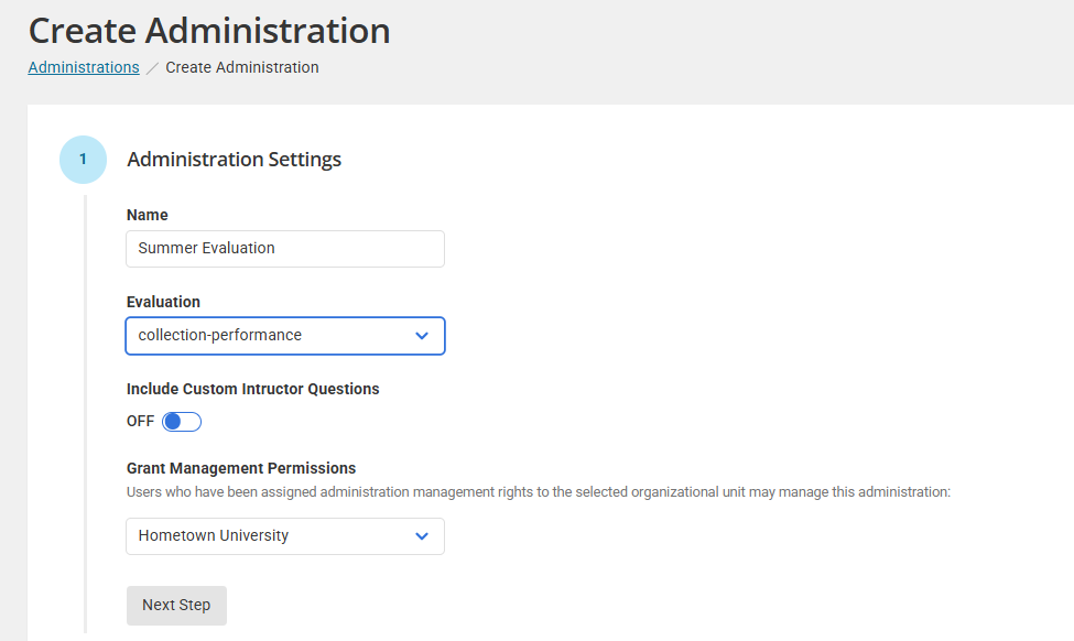 Screenshot showing the new administration setup window in Anthology Evaluate