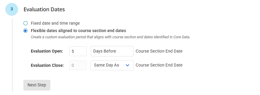 Screenshot of the New option to release evaluations based on course section end dates in Anthology Evaluate