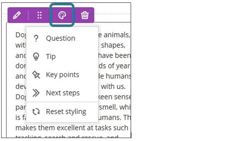 Image 1. Instructors can select styling options from a dropdown menu that appears in Edit mode on all block types. 