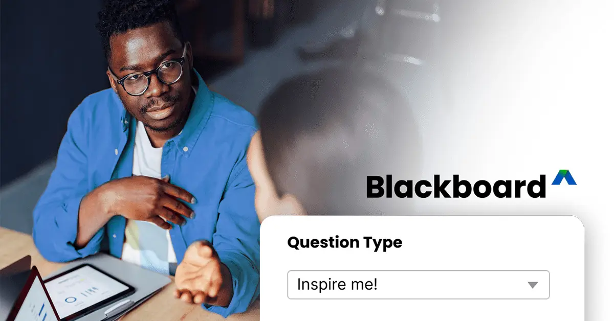 Photo of an instructor working with a student overlaid with the Blackboard logo and cutoff screenshot of Blackboard AI functionality