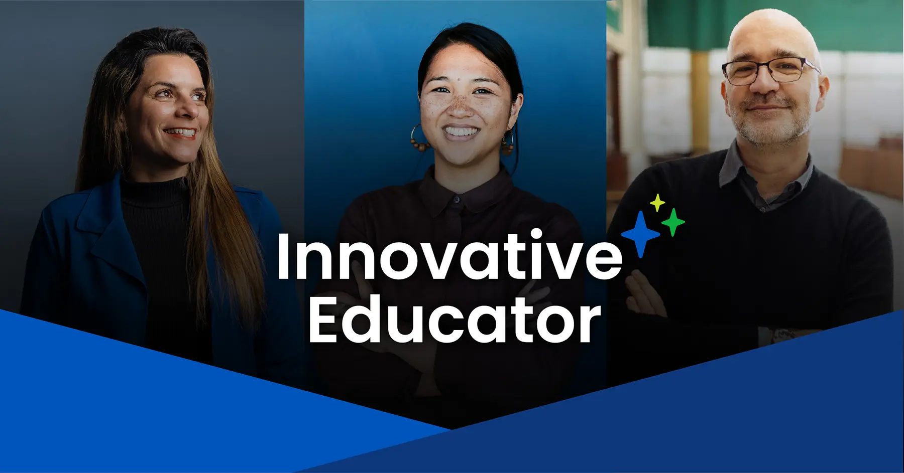 Photo of a woman looking to the right, photo of a woman looking forward, photo of a man looking forward and the words Innovative Educator over top