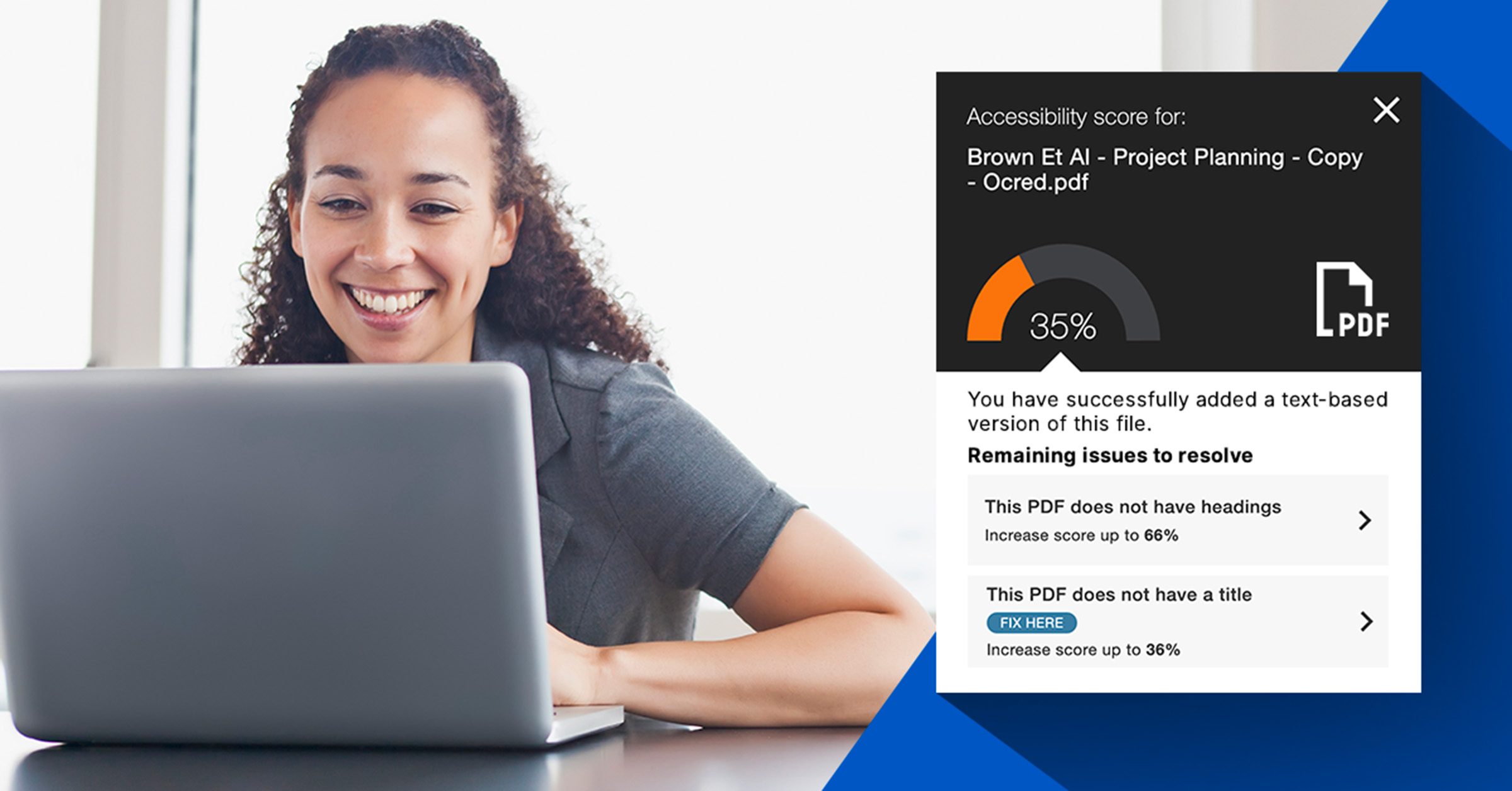 A smiling woman looks at her laptop while a pop-up window in the foreground displays an accessibility score for a PDF file. The score is 35% with remaining issues to resolve, including a lack of headings and a title.