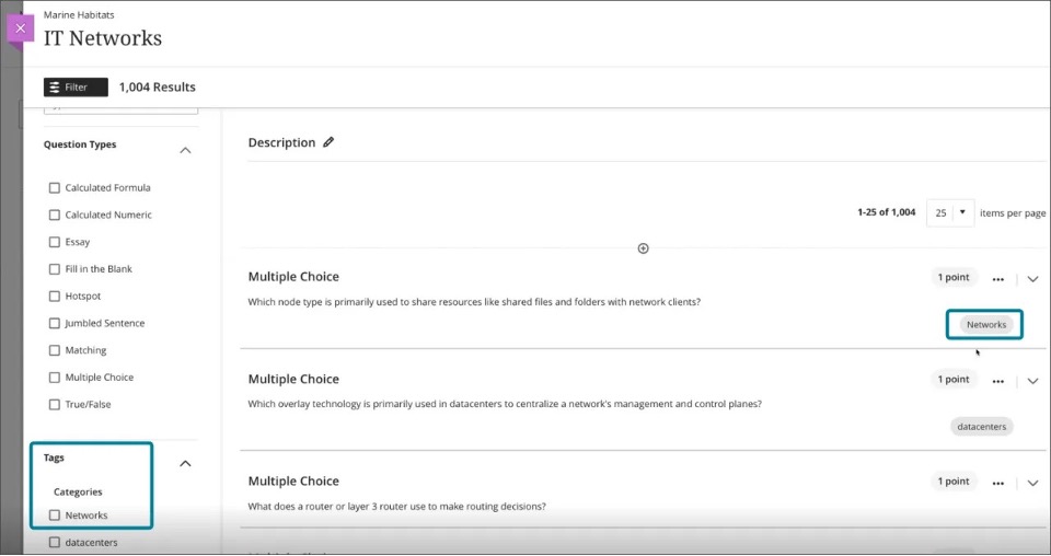 Image 2: Tags appear as filters in the question bank. 