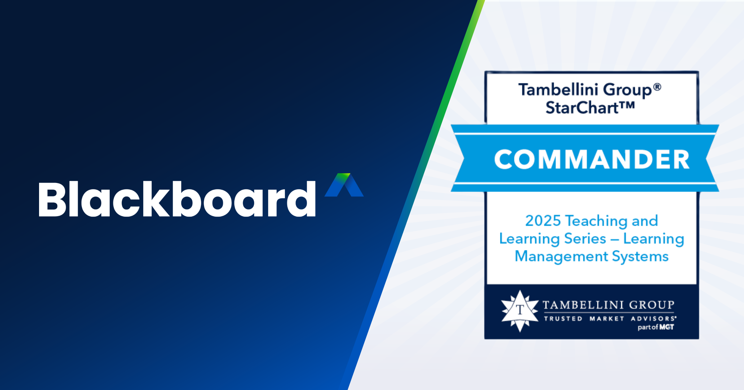 Image featuring the Blackboard logo on the left and a Tambellini Group StarChart badge on the right. Transcribed Text: Blackboard Tambellini Group® StarChart™ COMMANDER 2025 Teaching and Learning Series – Learning Management Systems TAMBELLINI GROUP TRUSTED MARKET ADVISORS™ part of MGT