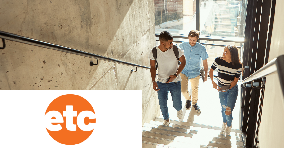Three people walking up a sunlit staircase with a concrete wall and a window. An "etc" logo is at the bottom. 