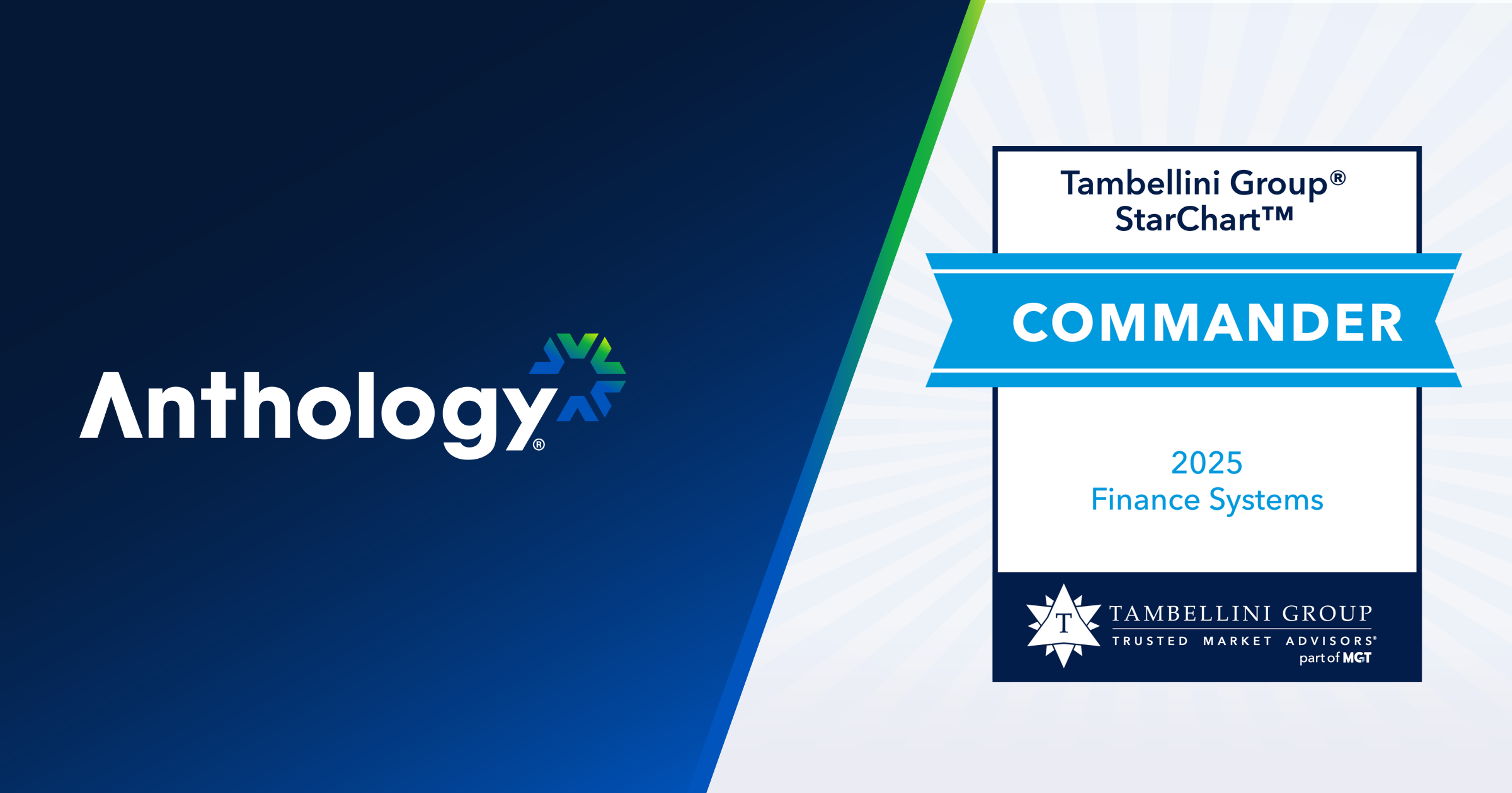 Dark blue background with "Anthology" logo on the left; white badge with "COMMANDER" on a blue ribbon, and "Tambellini Group" logo on the right.  Transcribed Text:  Anthology Tambellini Group® StarChart™ COMMANDER 2025 Finance Systems TAMBELLINI GROUP TRUSTED MARKET ADVISORS® part of MGT