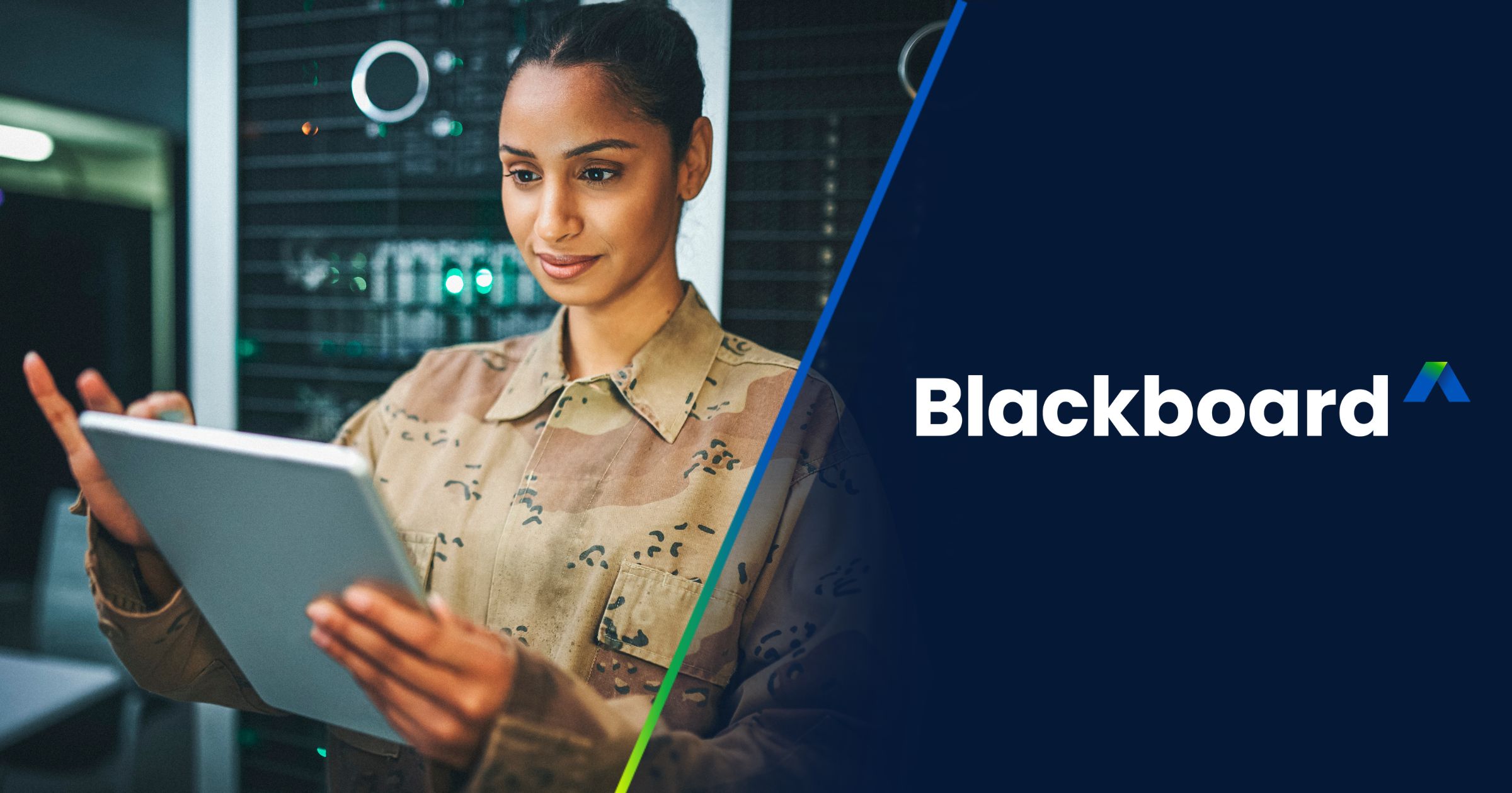 Person in military-style clothing holding a tablet in a server room with "Blackboard" text.