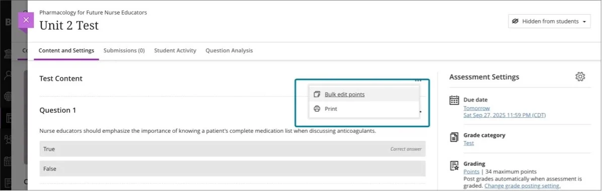 Image 1: Instructors select “Bulk edit points”.
