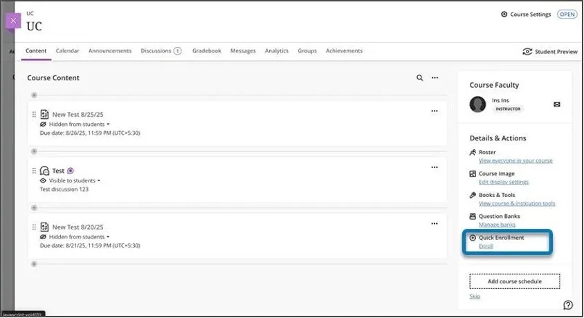 Image 1. The Details and Actions panel on the Course Content page allowing administrator users to quickly enroll in an Ultra Course to make necessary changes.