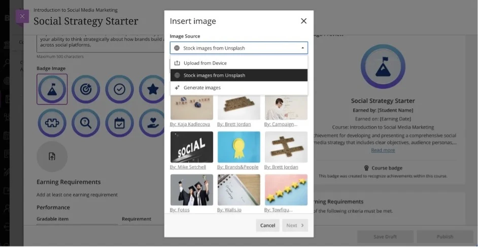Image 1: Instructors can select or generate an image for the custom achievement. 