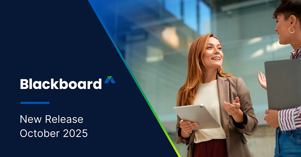 Blackboard New Release September 2025 announcement with a woman using a laptop