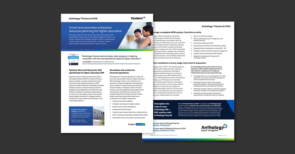 Preview of the Anthology Finance & HCM data sheet over a gray background