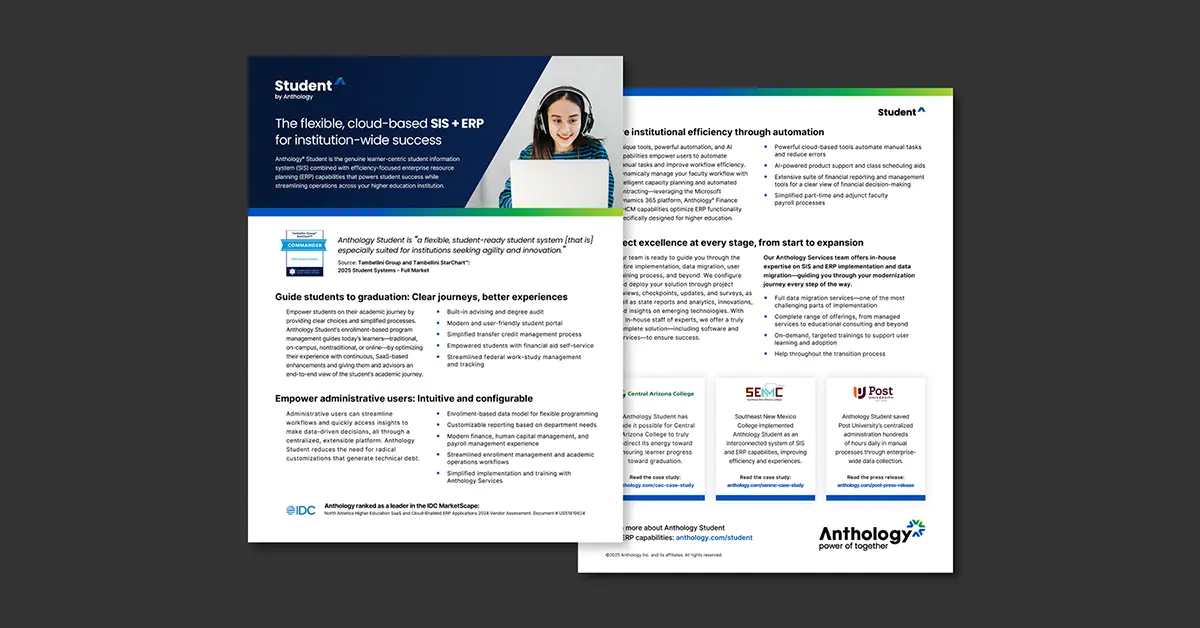 Preview of the Anthology Student SIS+ERP data sheet over a gray background