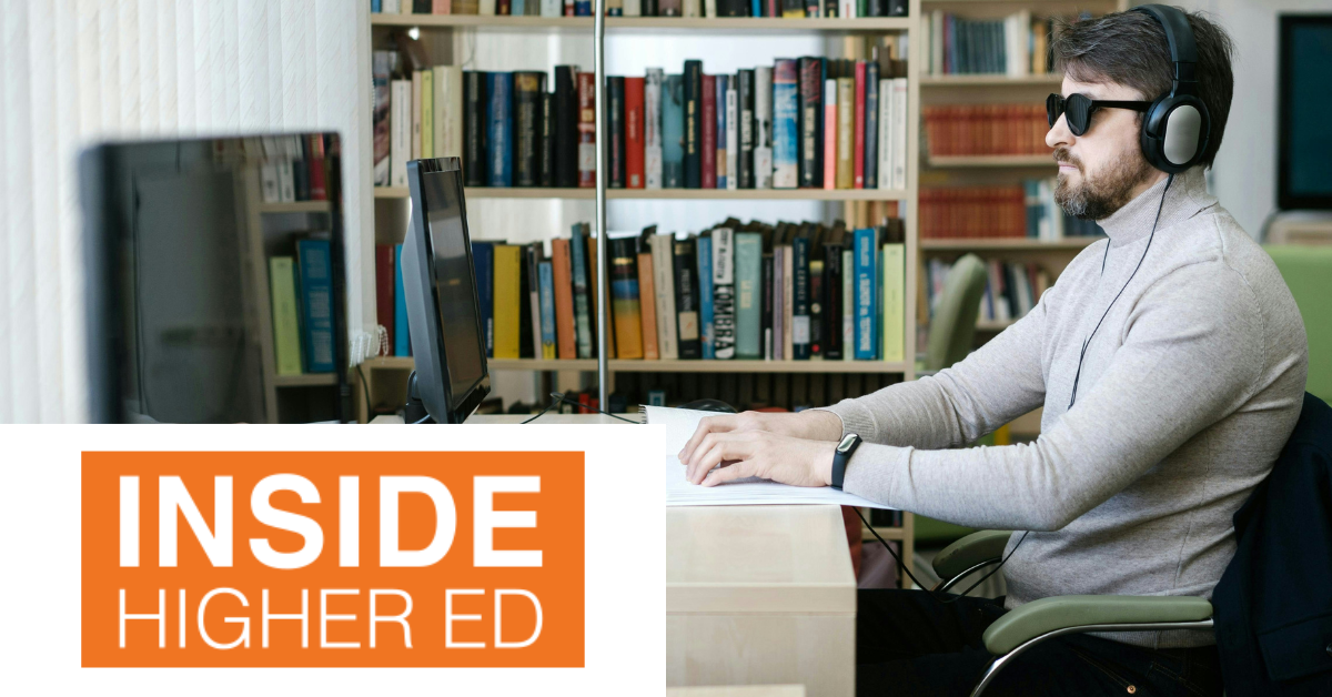 A man in a library wearing headphones and sunglasses, working on a computer. "Inside Higher Ed" logo in the foreground.