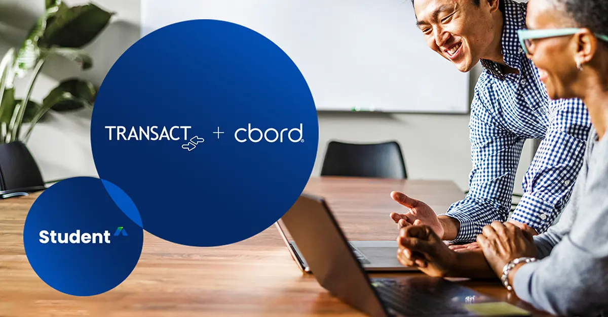 Photo of two people using Anthology Student on a laptop with the Anthology Student and Transact + Cbord logos to the left