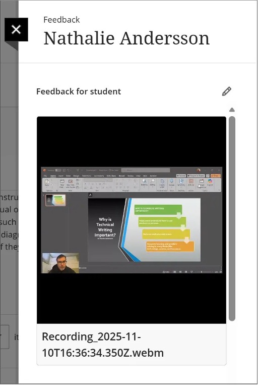 Image 2: Video Studio recording embedded in the instructor feedback panel.  