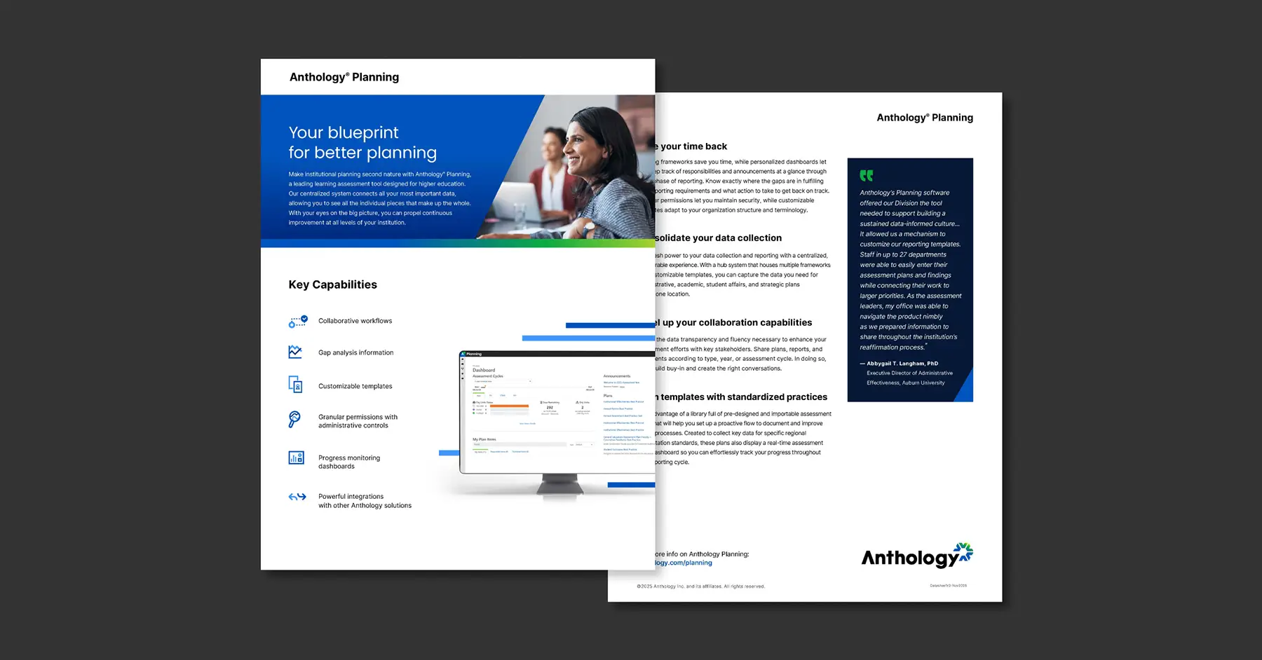 Cover and back page of the Anthology Planning datasheet on a gray background