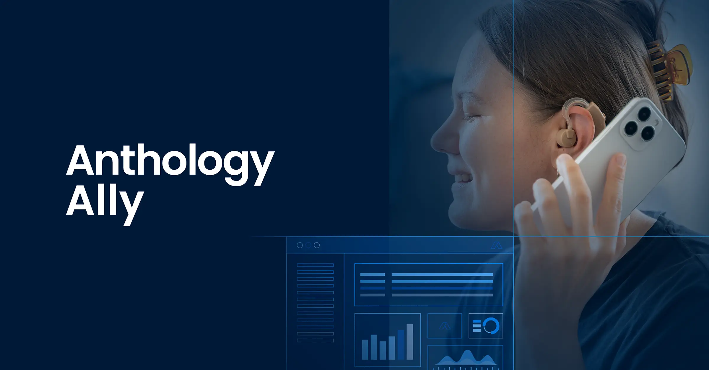 The text Anthology Ally next to a stylized photo of a woman using an assistive app on her smart phone