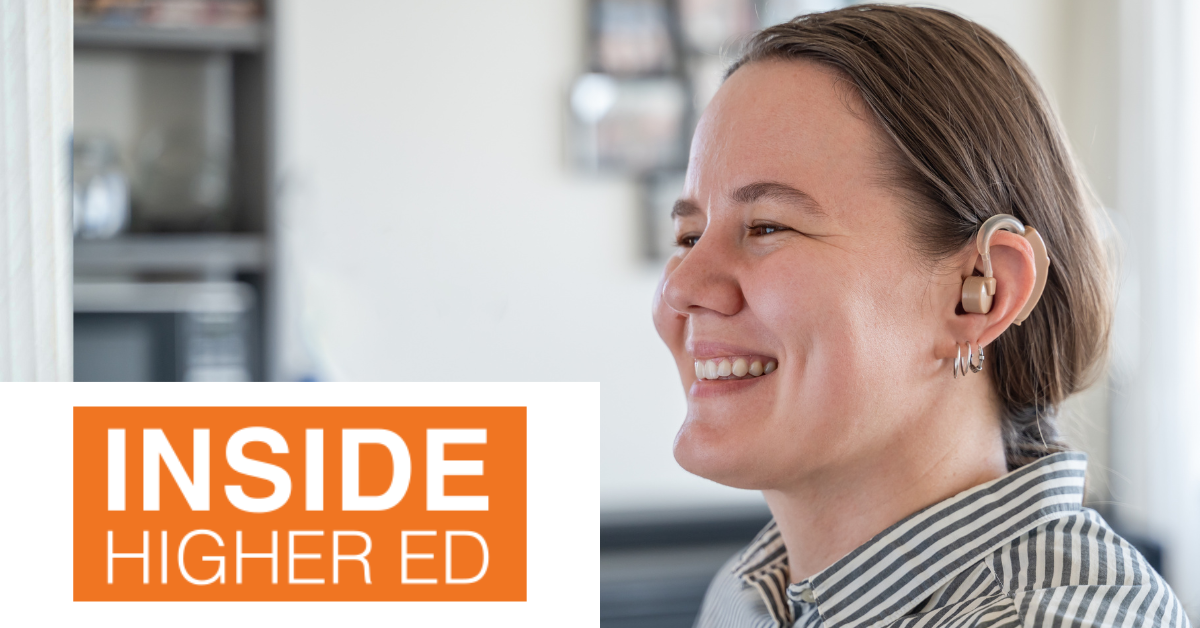 A student with a hearing aid smiling, with "Inside Higher Ed" text in orange and white.  Transcribed Text:  INSIDE HIGHER ED