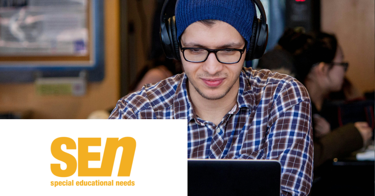 A university student in glasses and a beanie, wearing headphones, using a laptop. Text: "SEN special educational needs."