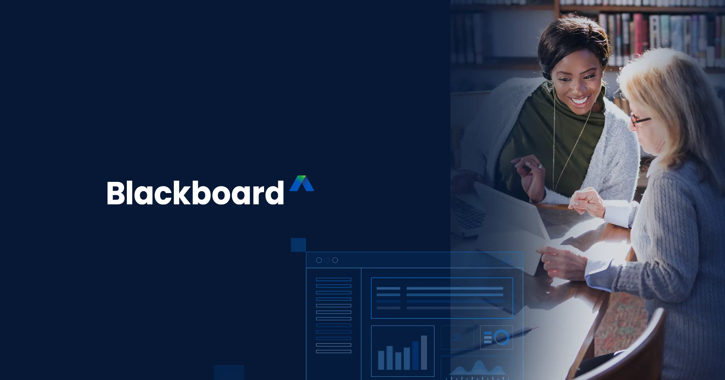 The Blackboard logo next to an image of a woman helping another woman use an LMS