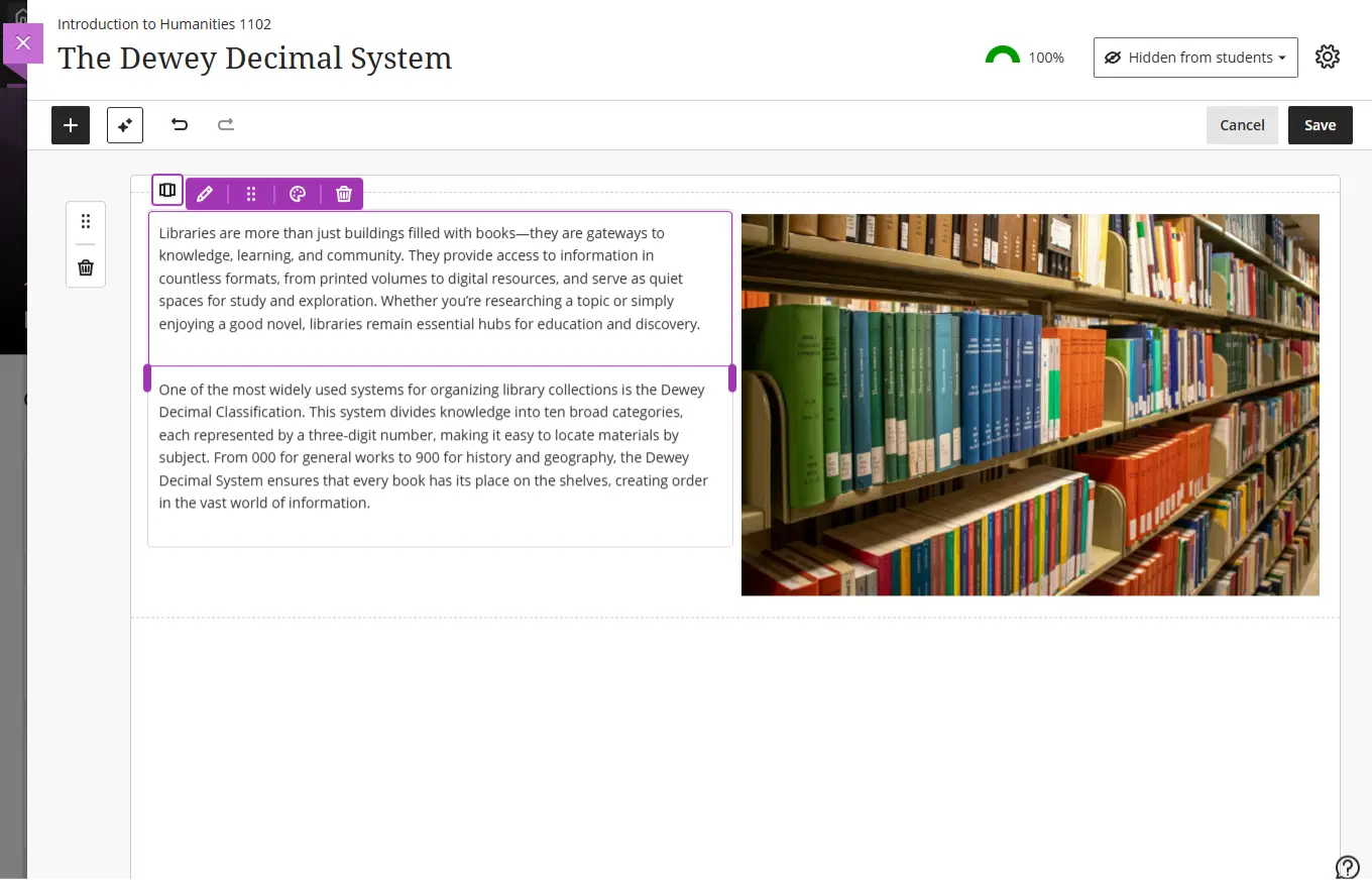 Image 1: Instructors can stack blocks in a single column, such as next to an image in a column.