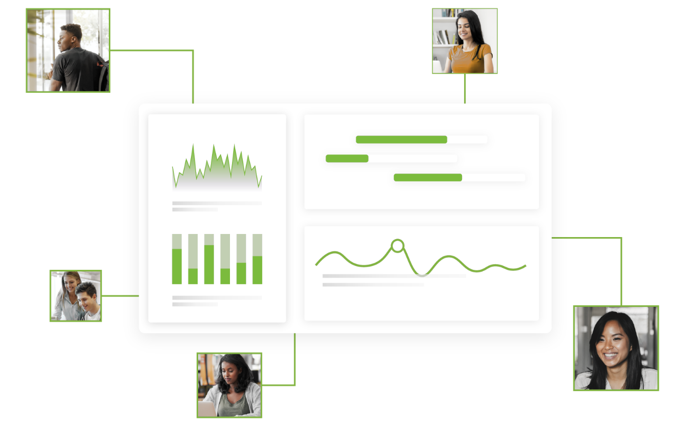 Illustrated graphic of a dashboard with stats