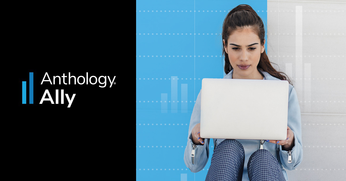 The Anthology Ally logo next to a photo of a woman sitting and working on a laptop