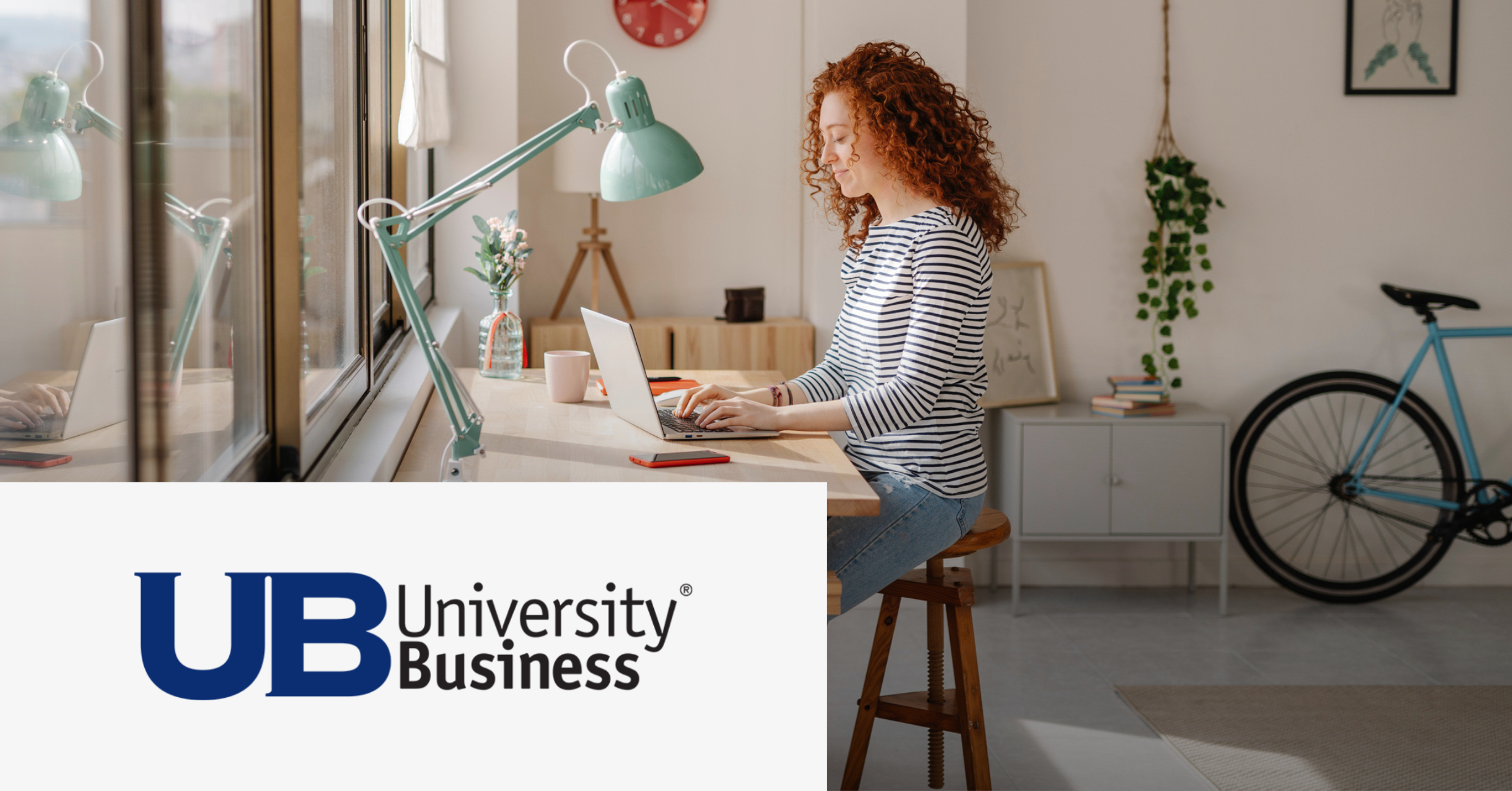 Image of a young woman working with her computer. On the lower left corner is placed the University Business logo on a white rectangle.
