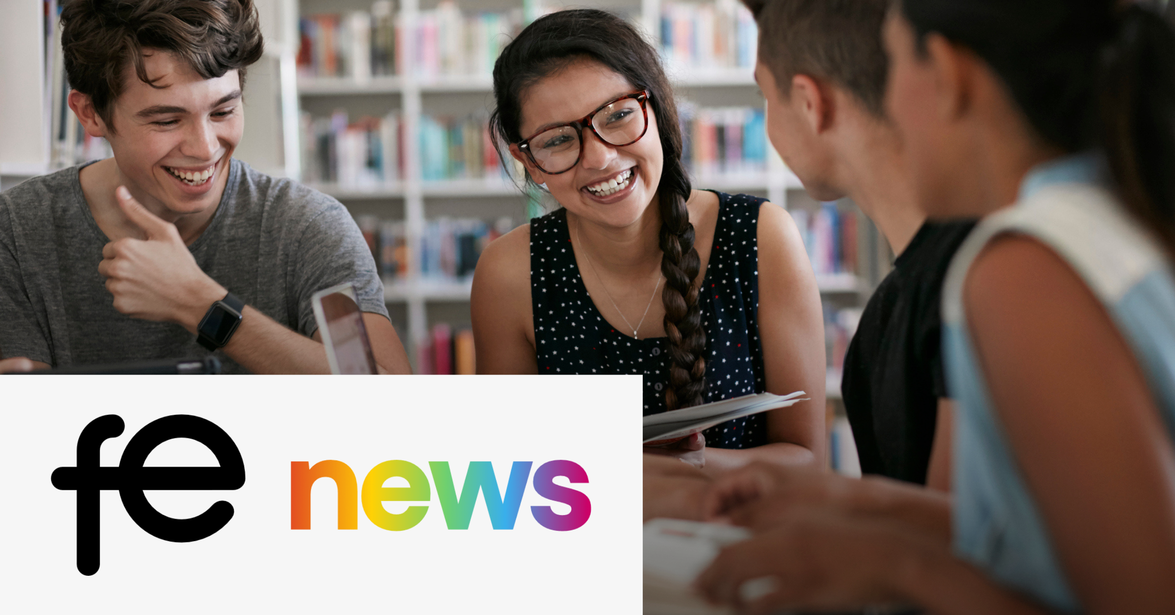 Image of a group of students smiling while they use notebooks and electronic devices. On the lower left corner is the fe news logo.