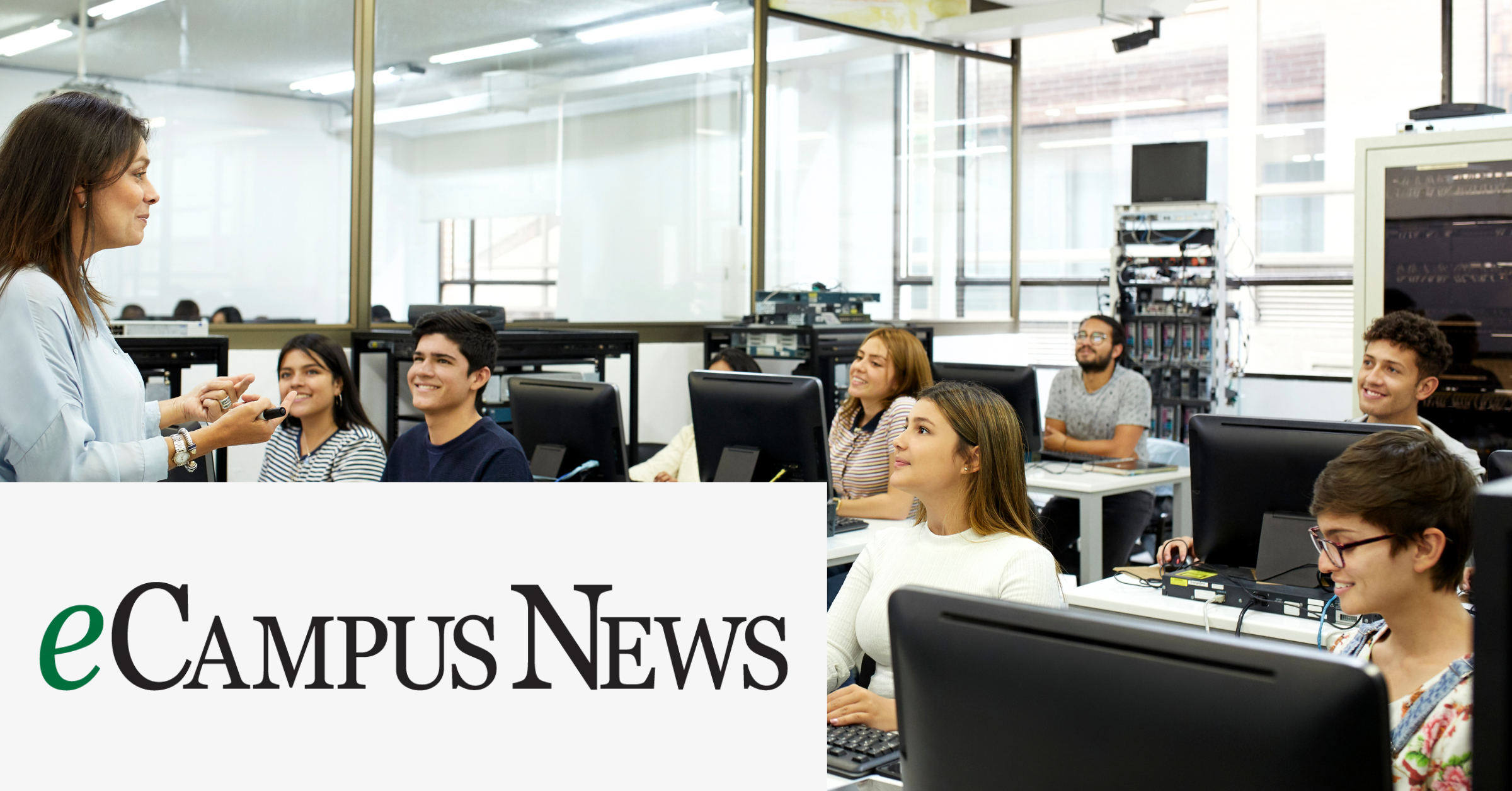Image of group of students and a teacher in a classroom with desktop computers. The eCampus News logo is placed on the left lower corner.