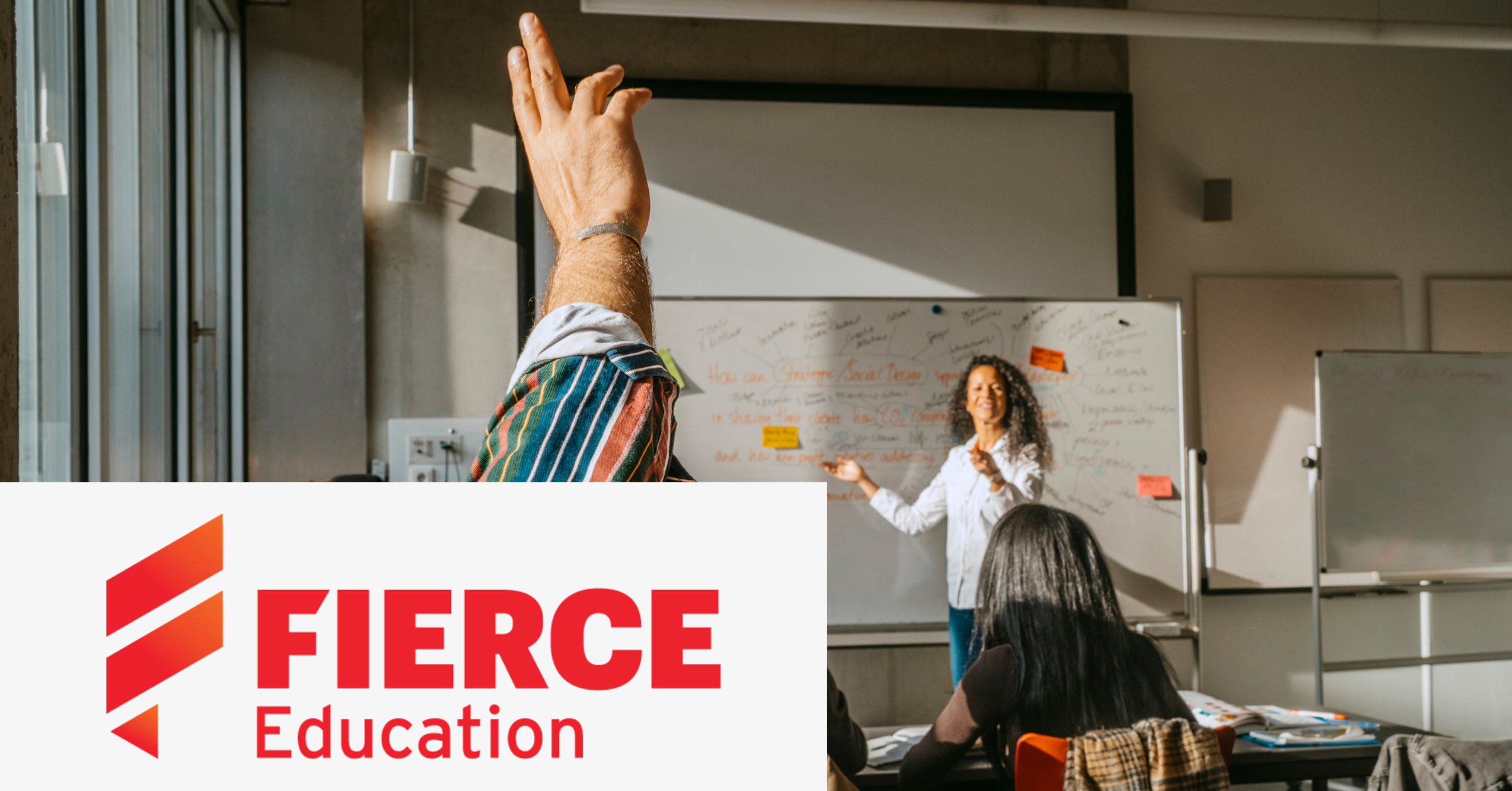 Image of a group of students with their teacher in a classroom. On the lower left side of the graphic is placed the Fierce Education logo.