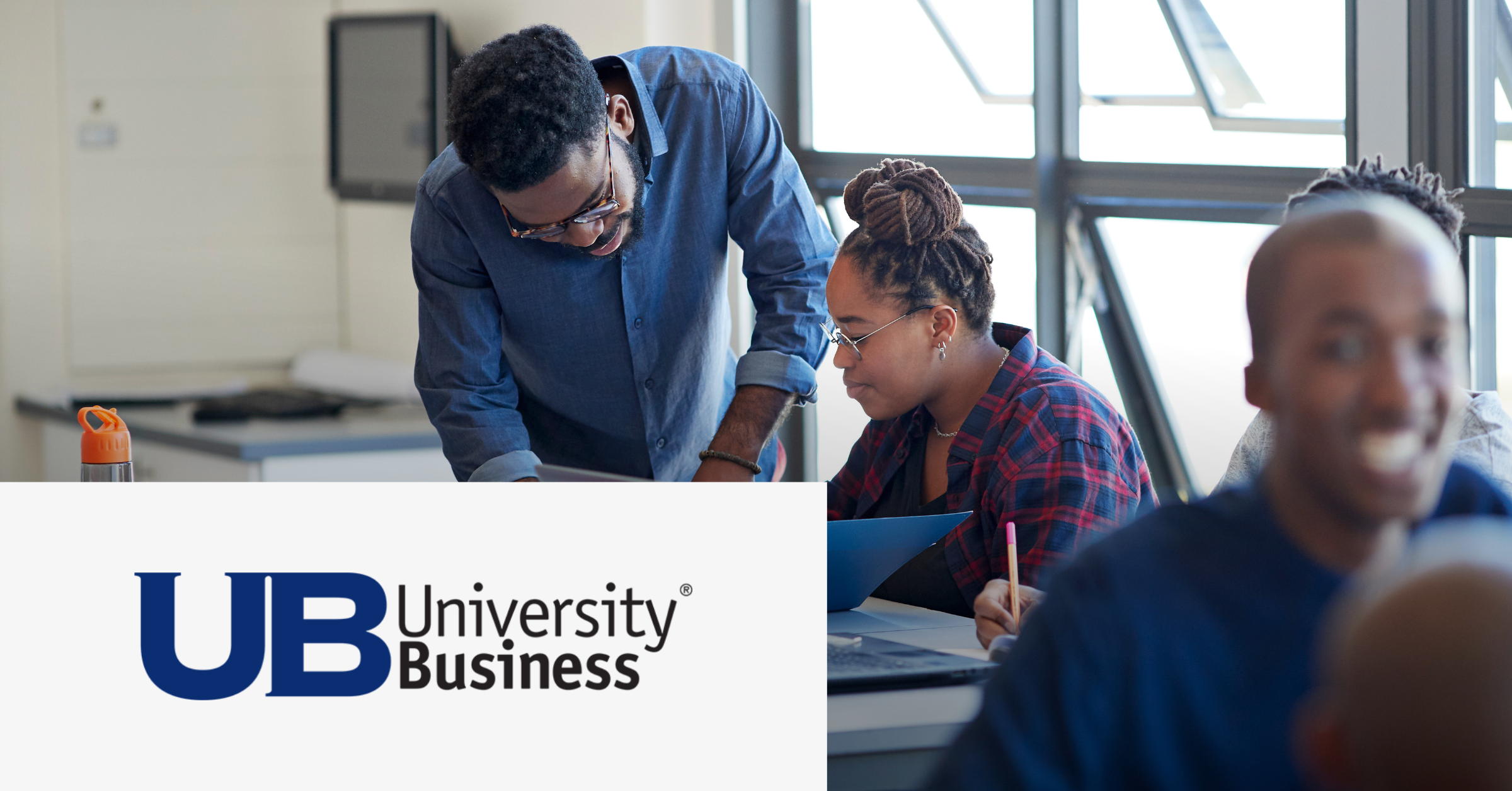 Image with the University Business logo on the lower left corner, complemented with a picture of a teacher helping a student by checking the information the student has.