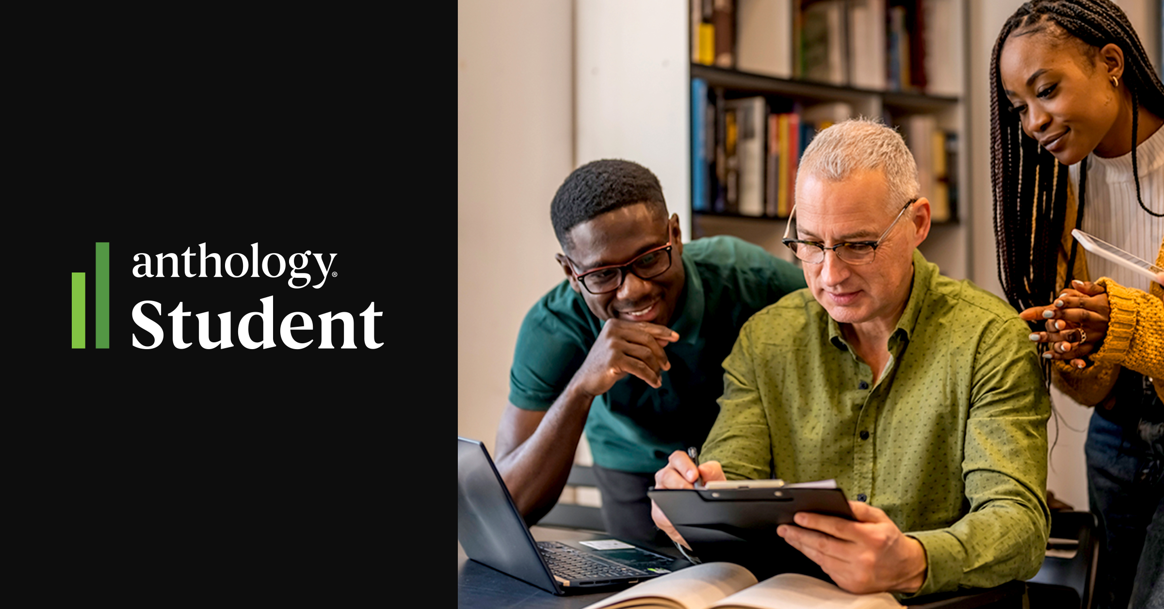Anthology Student hero image of three people working together in a classroom environment